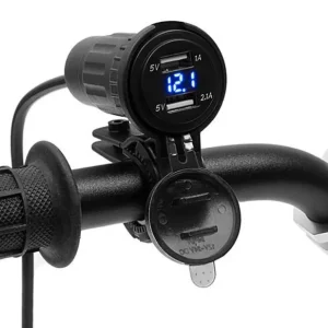 Kup teraz Gniazdo motocyklowe 2x USB 5V z woltomierzem na kierownicę lub w owiewkę Biketec BTMUS10+