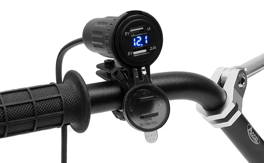 Kup teraz Gniazdo motocyklowe 2x USB 5V z woltomierzem na kierownicę lub w owiewkę Biketec BTMUS10+