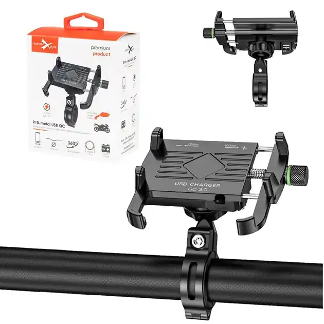 Nie przegap Uchwyt motocyklowy R10-metal z ładowarką USB QC 3.0 czarny UCH000169