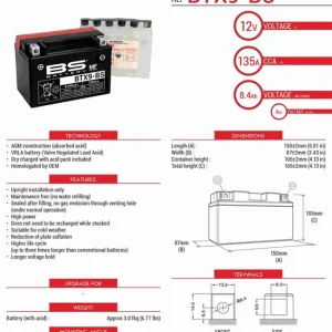 Najlepsza cena BS AKUMULATOR BTX9-BS (YTX9-BS) 152X88X106 12V 8AH BEZOBSŁUGOWY - ELEKTROLIT OSOBNO (120A) UE2019/1148 (6)