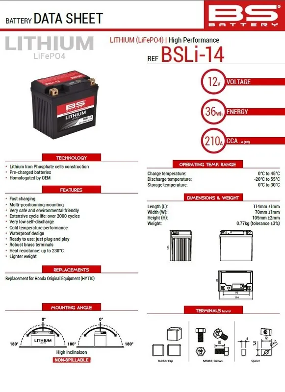 BS AKUMULATOR LITOWO-JONOWY ZE WSKAŹNIKIEM NAŁADOWANIA LIFEPO4 BSLI-14 (114X70X105) (210A,36WH,3AH) HONDA CRF 1100 AFRICA TWIN ‘20-23 (OEM HY110) (4) Ostatnie sztuki