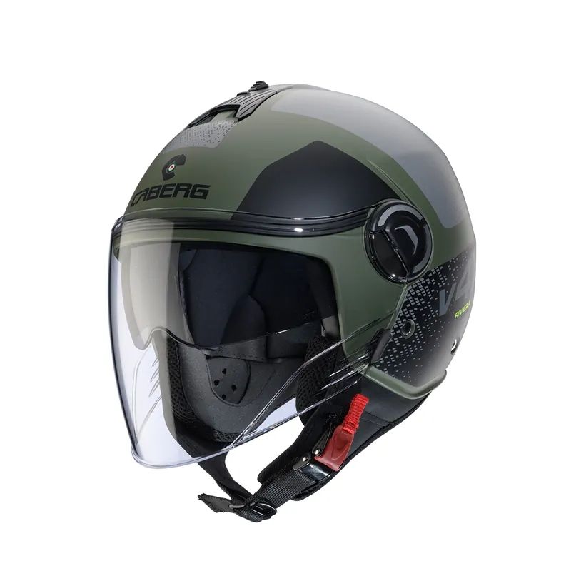 Zamów teraz CABERG KASK OTWARTY JET Z BLENDĄ MODEL RIVIERA V4X ALPHA KOLOR ZIELONY/CZARNY/SZARY MAT ROZMIAR S