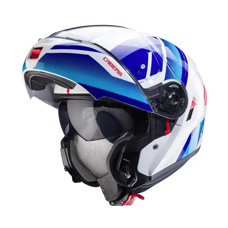 Hit sprzedaży CABERG KASK SZCZĘKOWY FLIP-UP MODEL LEVO X MANTA KOLOR BIAŁY/NIEBIESKI/CZERWONY ROZMIAR S (PINLOCK W ZESTAWIE)
