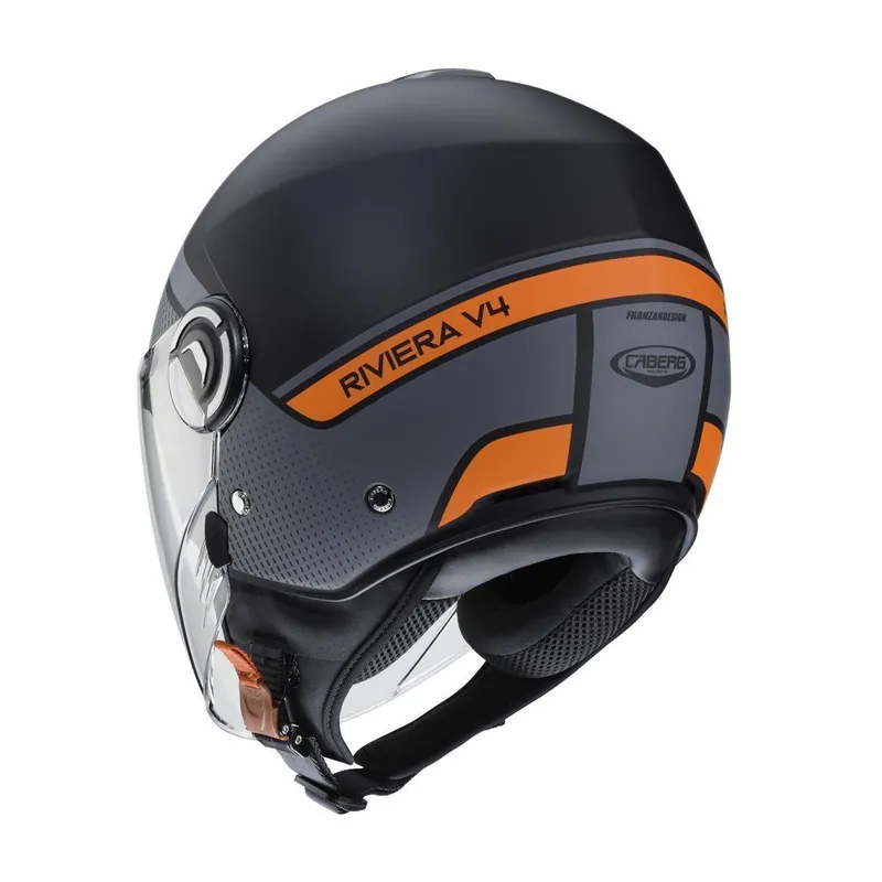 Oferta CABERG PROMOCJA KASK OTWARTY JET Z BLENDĄ MODEL RIVIERA V4 ELITE KOLOR CZARNY MAT/SZARY/POMARAŃCZOWY FLUO ROZMIAR M