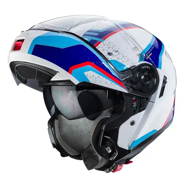Nowość CABERG PROMOCJA KASK SZCZĘKOWY FLIP-UP MODEL LEVO SONAR KOLOR BIAŁY/CZERWONY/NIEBIESKI ROZMIAR M