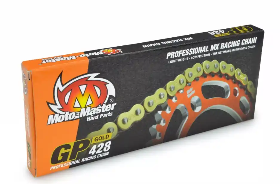 Oferta limitowana MOTO-MASTER ŁAŃCUCH NAPĘDOWY GP-428 MX PROFESSIONAL MOTOCROSS RACING CHAIN BEZ ORINGÓW KOLOR ZŁOTY (134 OGNIW, ZAPINKA W ZESTAWIE)